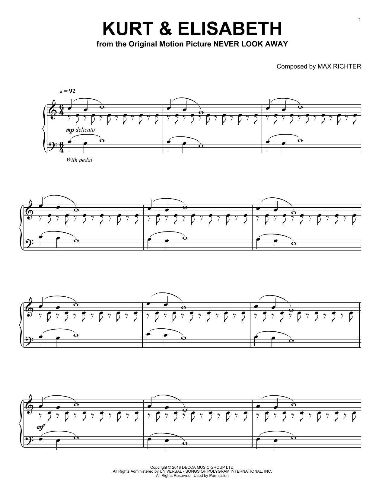 Download Max Richter Kurt & Elisabeth (from Never Look Away) Sheet Music and learn how to play Piano Solo PDF digital score in minutes