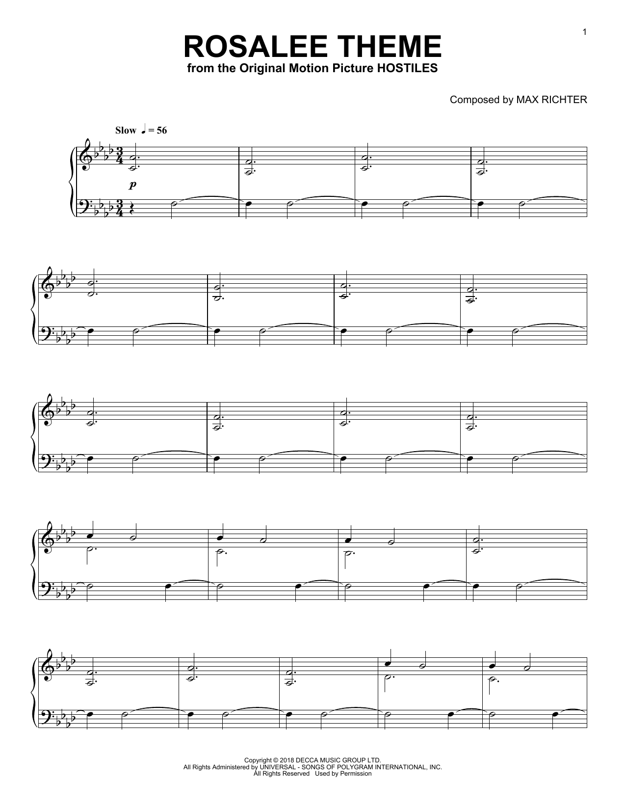 Download Max Richter Rosalee Theme (from Hostiles) Sheet Music and learn how to play Piano Solo PDF digital score in minutes