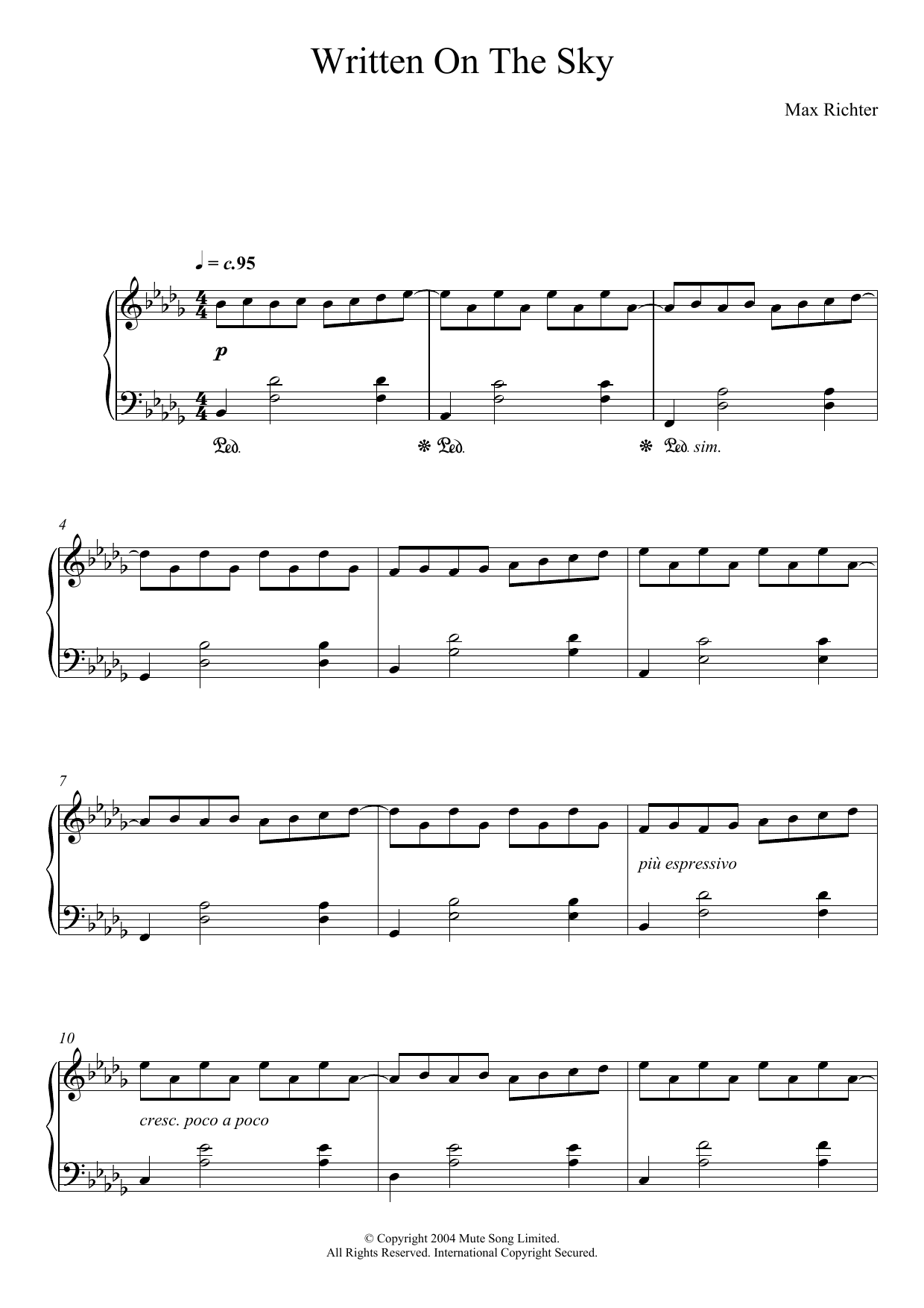 Download Max Richter Written On The Sky Sheet Music and learn how to play Piano PDF digital score in minutes