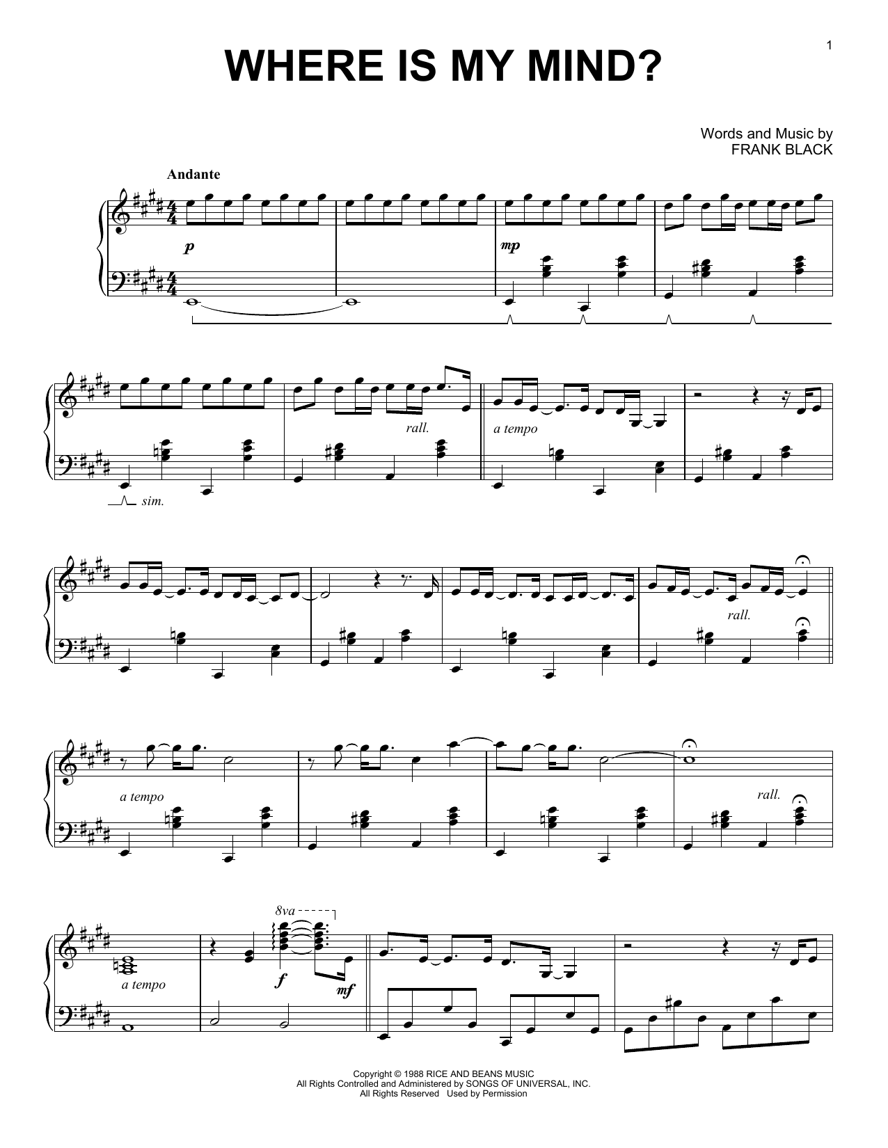 Download The Pixies Where Is My Mind? Sheet Music and learn how to play Piano PDF digital score in minutes