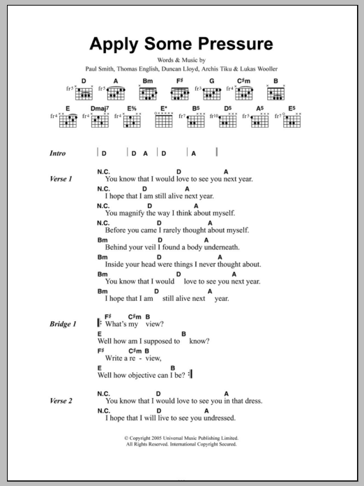 Download Maximo Park Apply Some Pressure Sheet Music and learn how to play Lyrics & Chords PDF digital score in minutes