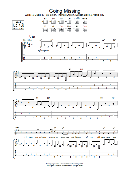 Download Maximo Park Going Missing Sheet Music and learn how to play Guitar Tab PDF digital score in minutes