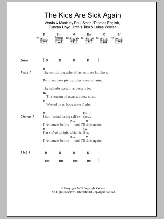 Download Maximo Park The Kids Are Sick Again Sheet Music and learn how to play Lyrics & Chords PDF digital score in minutes