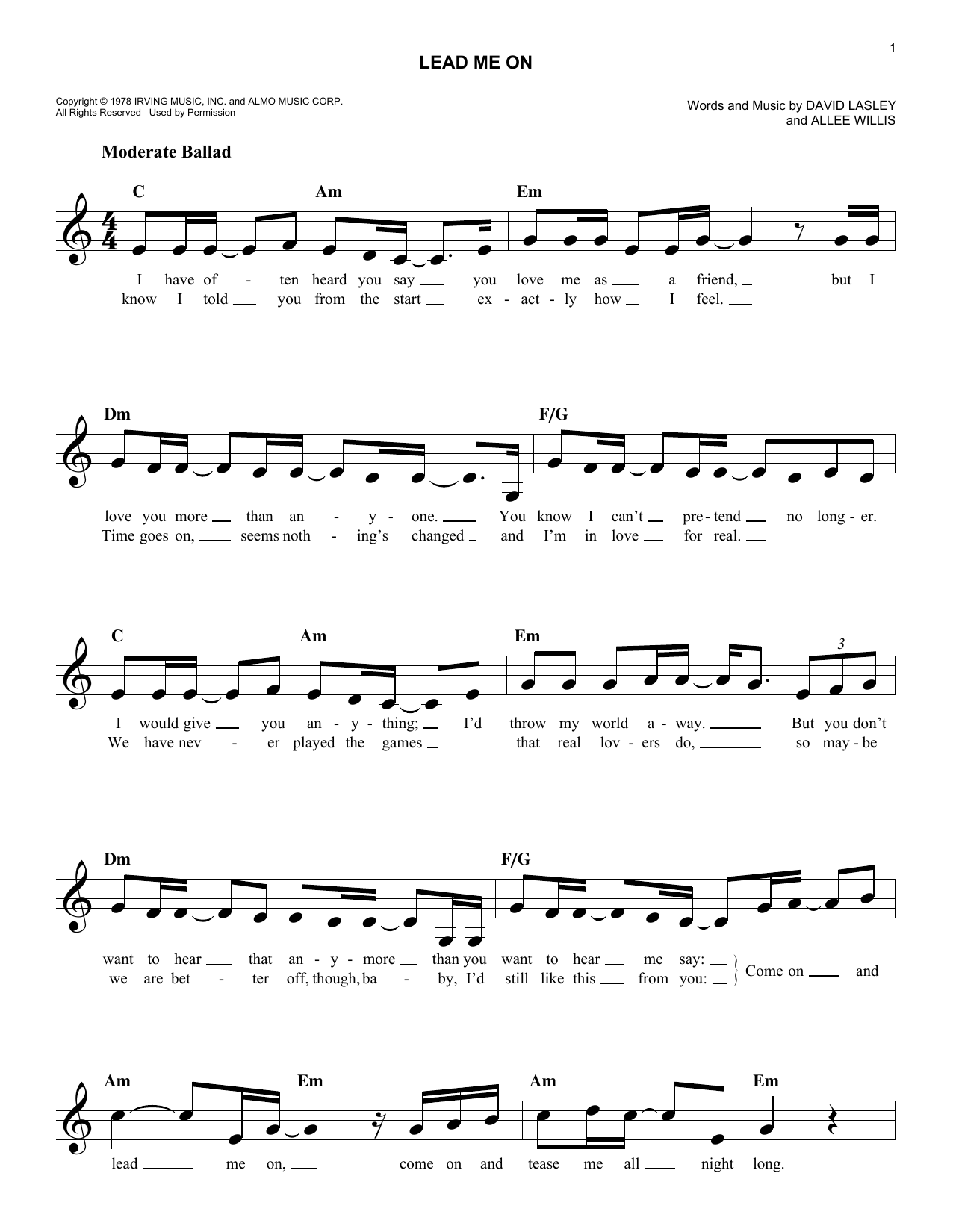 Download Maxine Nightingale Lead Me On Sheet Music and learn how to play Lead Sheet / Fake Book PDF digital score in minutes