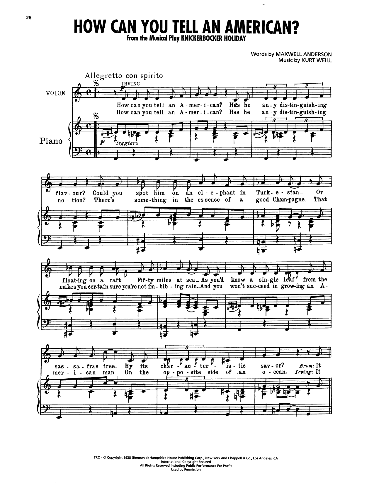Download Maxwell Anderson How Can You Tell An American? (from Knickerbocker Holiday) Sheet Music and learn how to play Piano, Vocal & Guitar Chords (Right-Hand Melody) PDF digital score in minutes