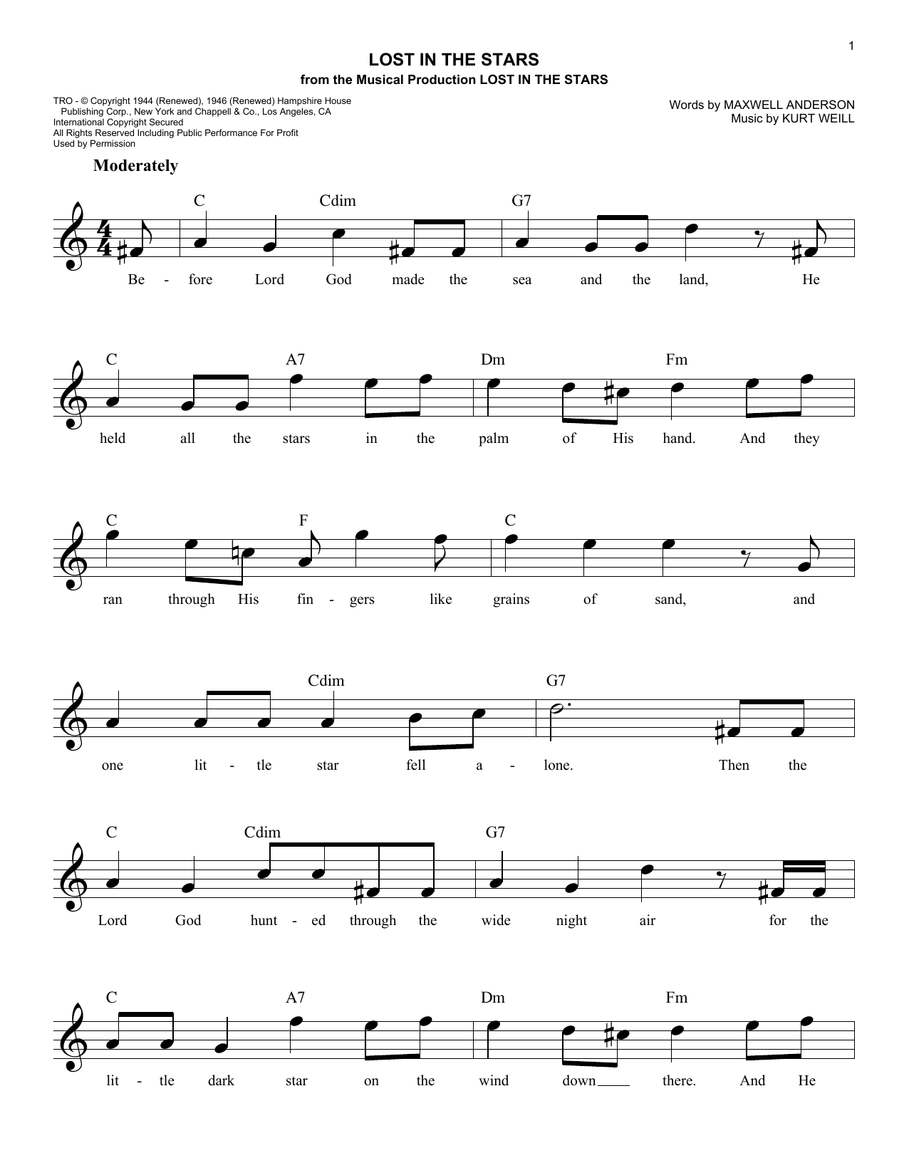 Download Maxwell Anderson Lost In The Stars Sheet Music and learn how to play Melody Line, Lyrics & Chords PDF digital score in minutes