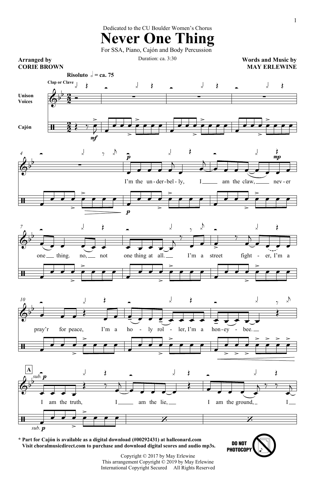 Download May Erlewine Never One Thing (arr. Corie Brown) Sheet Music and learn how to play SSA Choir PDF digital score in minutes