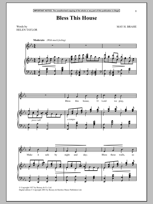 Download May H. Brahe Bless This House Sheet Music and learn how to play Piano & Vocal PDF digital score in minutes