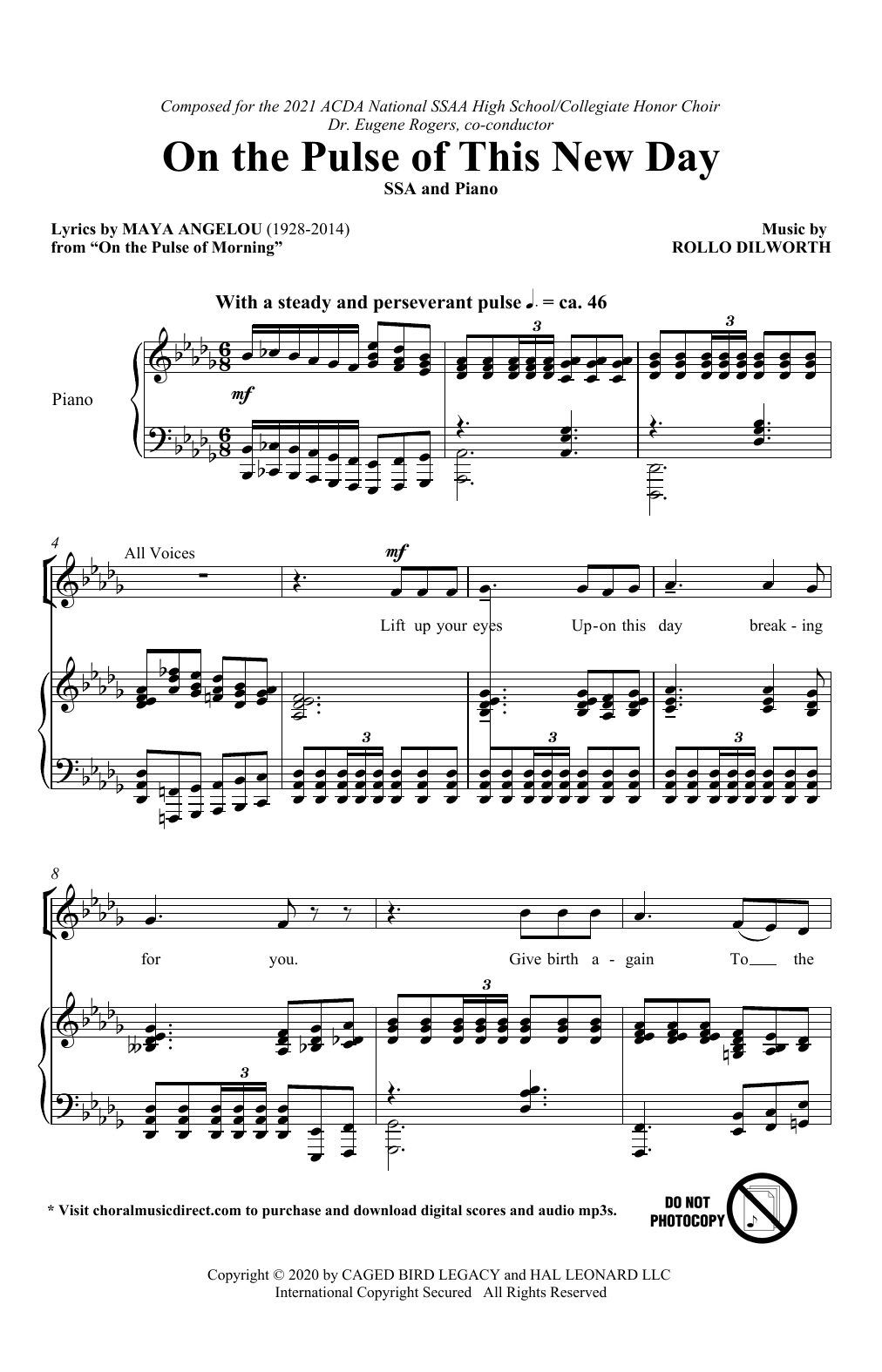 Download Maya Angelou and Rollo Dilworth On The Pulse Of This New Day Sheet Music and learn how to play SSA Choir PDF digital score in minutes