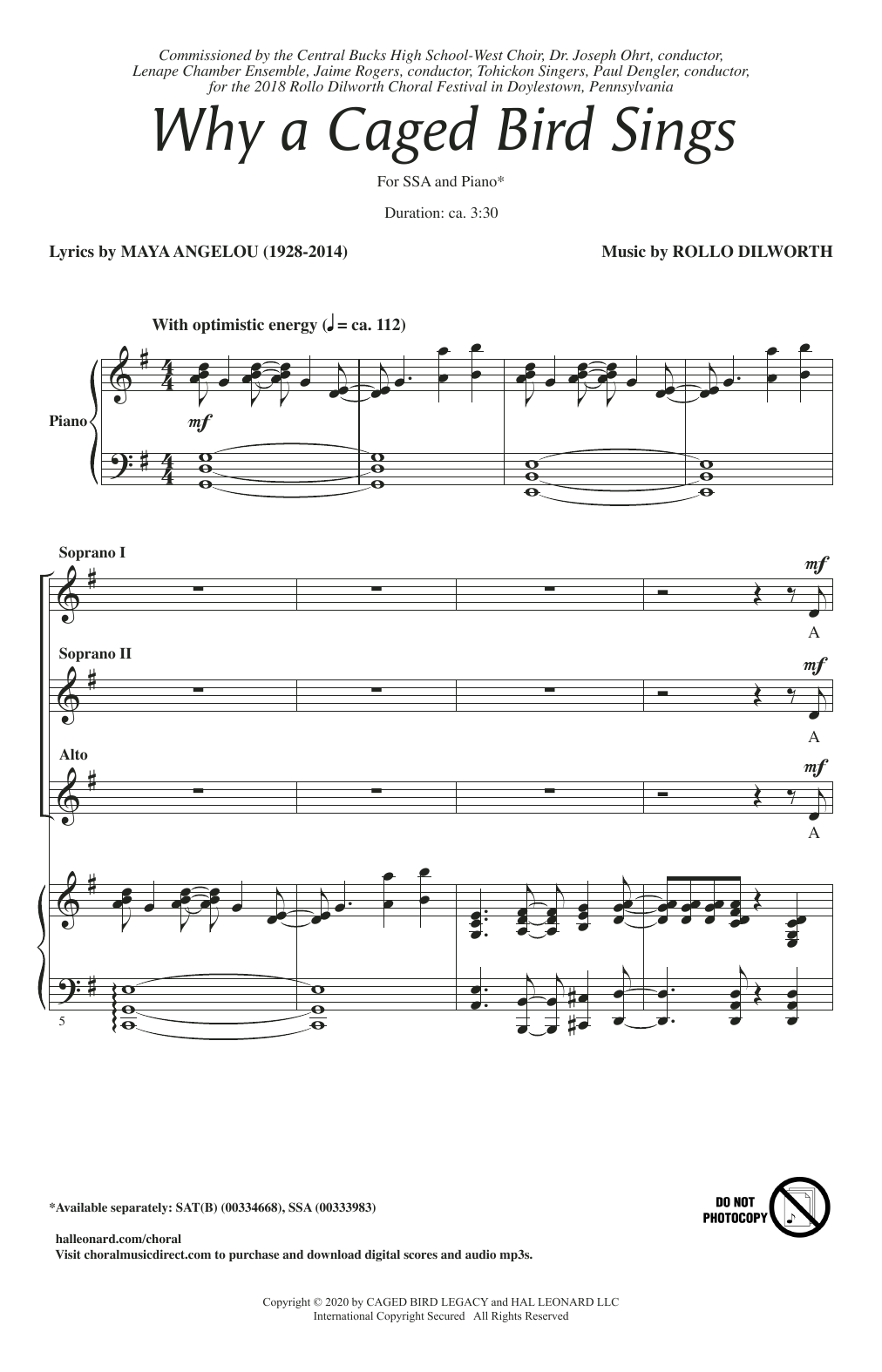 Download Maya Angelou and Rollo Dilworth Why A Caged Bird Sings Sheet Music and learn how to play SSA Choir PDF digital score in minutes