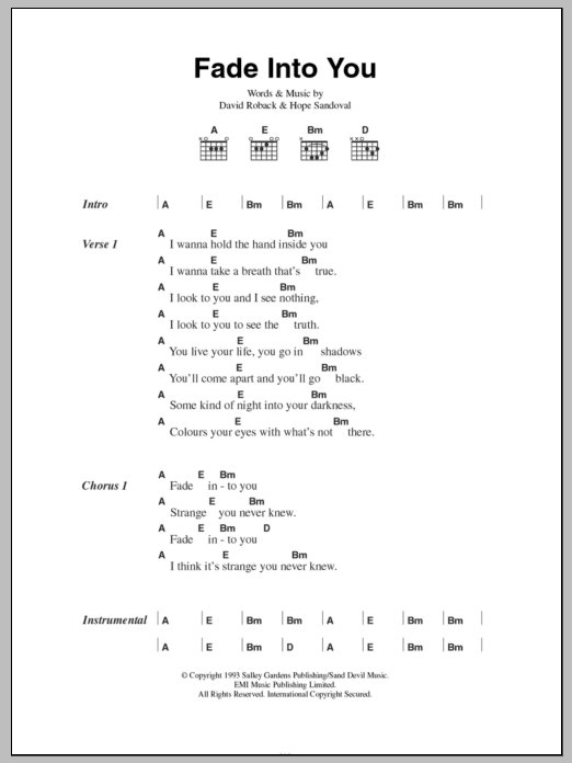 Download Mazzy Star Fade Into You Sheet Music and learn how to play Lyrics & Chords PDF digital score in minutes