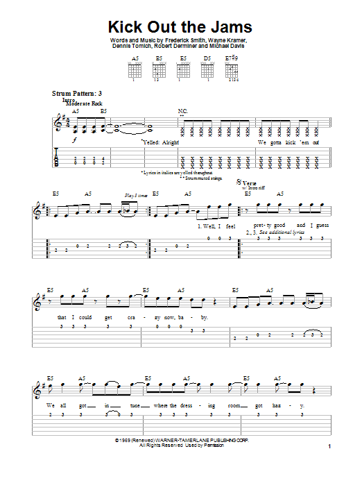 Download MC5 Kick Out The Jams Sheet Music and learn how to play Piano, Vocal & Guitar (Right-Hand Melody) PDF digital score in minutes