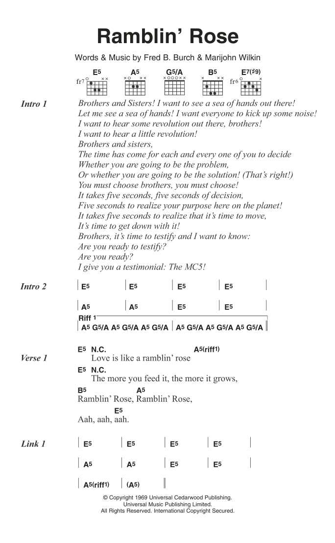Download MC5 Ramblin' Rose Sheet Music and learn how to play Lyrics & Chords PDF digital score in minutes