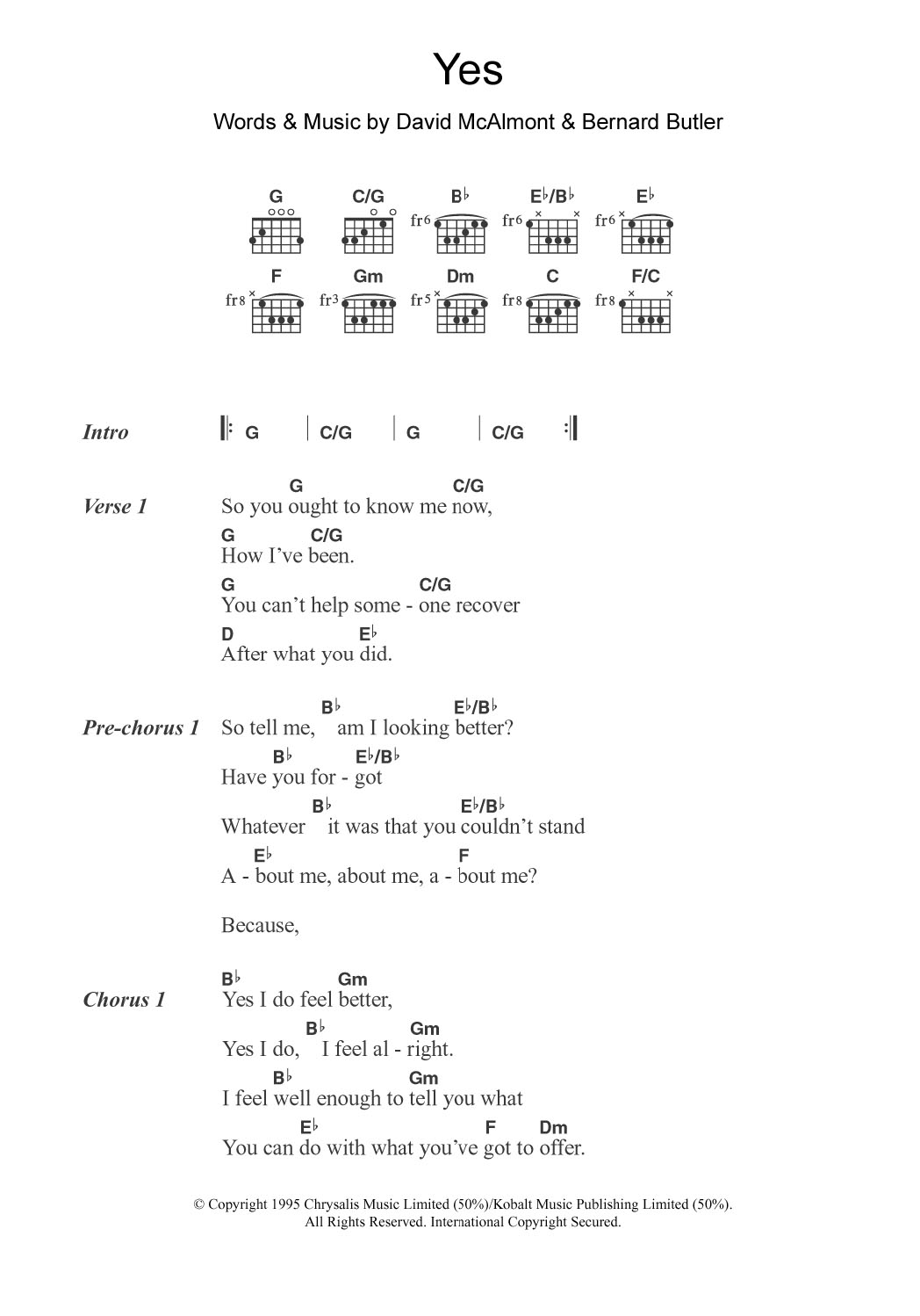 Download McAlmont & Butler Yes Sheet Music and learn how to play Lyrics & Chords PDF digital score in minutes
