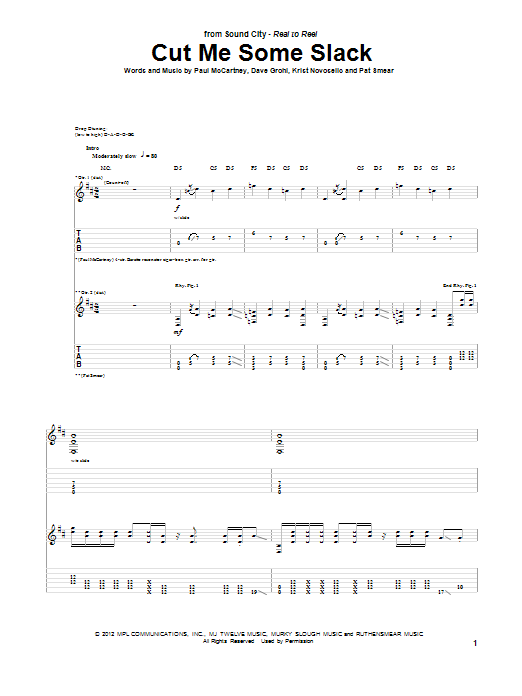 Download McCartney, Grohl, Novoselic, Smear Cut Me Some Slack Sheet Music and learn how to play Guitar Tab PDF digital score in minutes