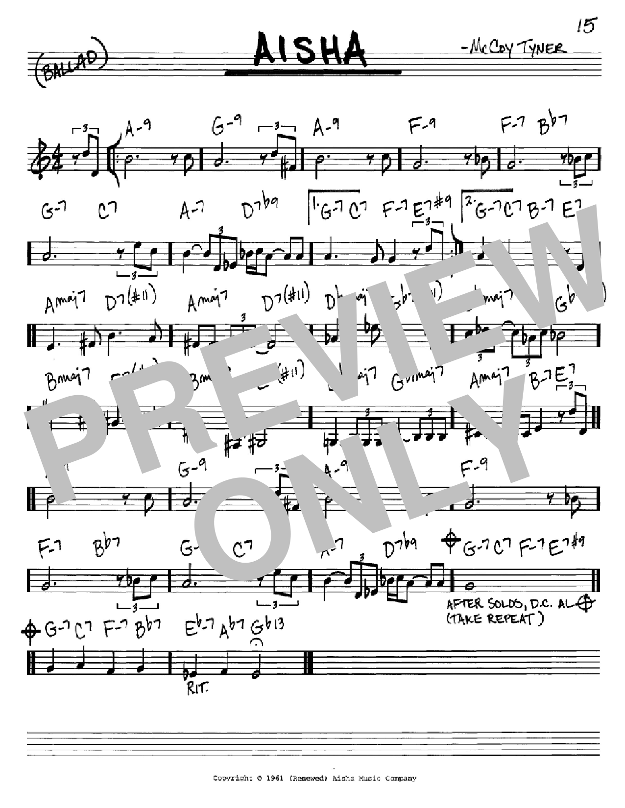 Download McCoy Tyner Aisha Sheet Music and learn how to play Real Book – Melody & Chords – C Instruments PDF digital score in minutes