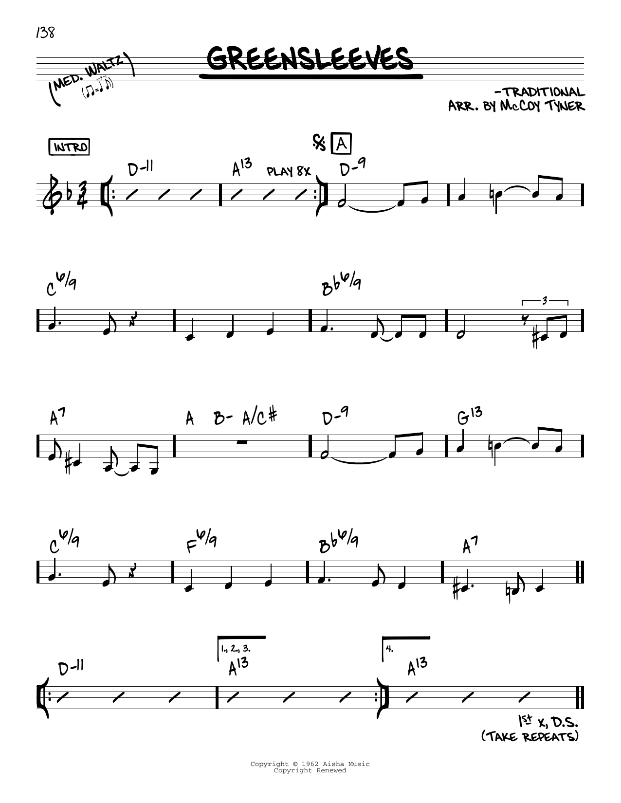 Download McCoy Tyner (Arr.) Greensleeves Sheet Music and learn how to play Real Book – Melody & Chords PDF digital score in minutes