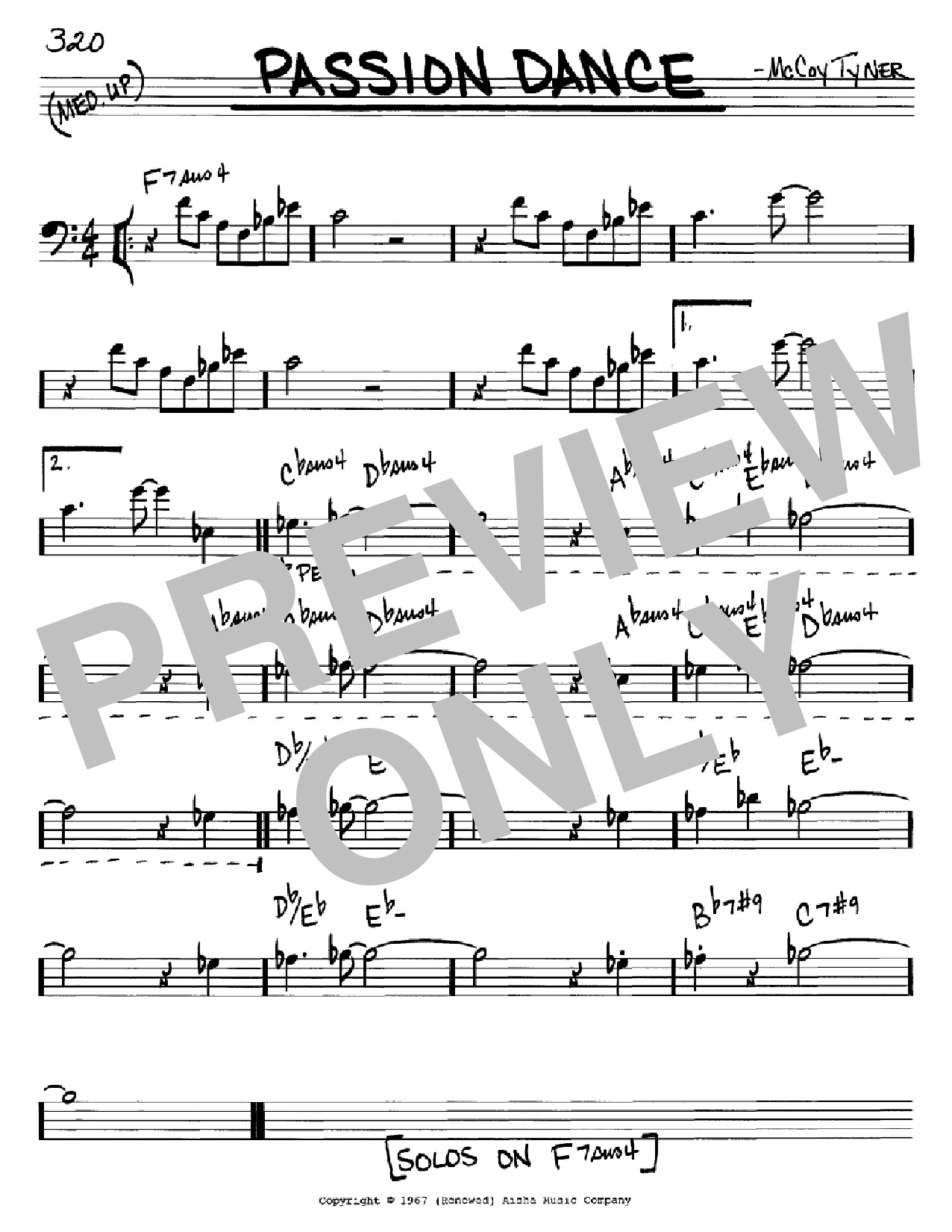 Download McCoy Tyner Passion Dance Sheet Music and learn how to play Real Book – Melody & Chords – Bass Clef Instruments PDF digital score in minutes