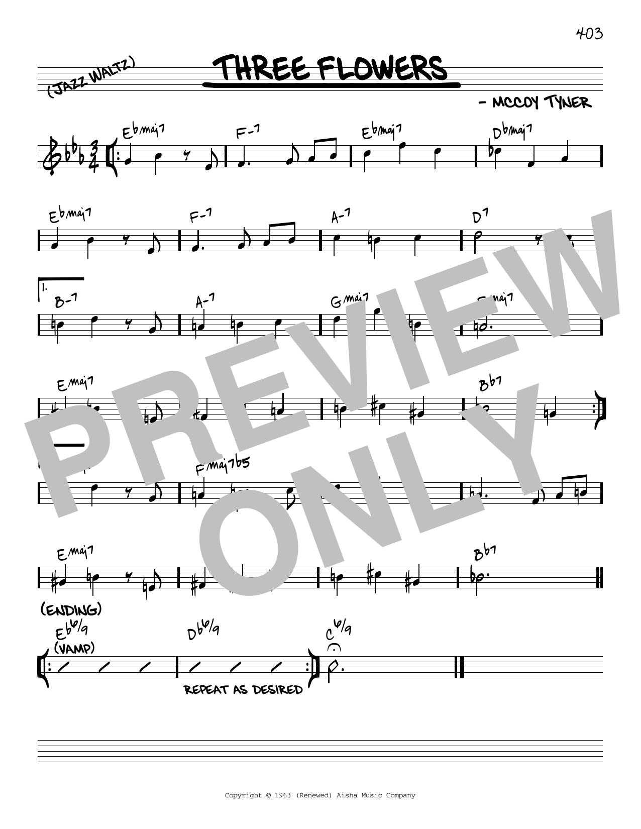 Download McCoy Tyner Three Flowers [Reharmonized version] (arr. Jack Grassel) Sheet Music and learn how to play Real Book – Melody & Chords PDF digital score in minutes