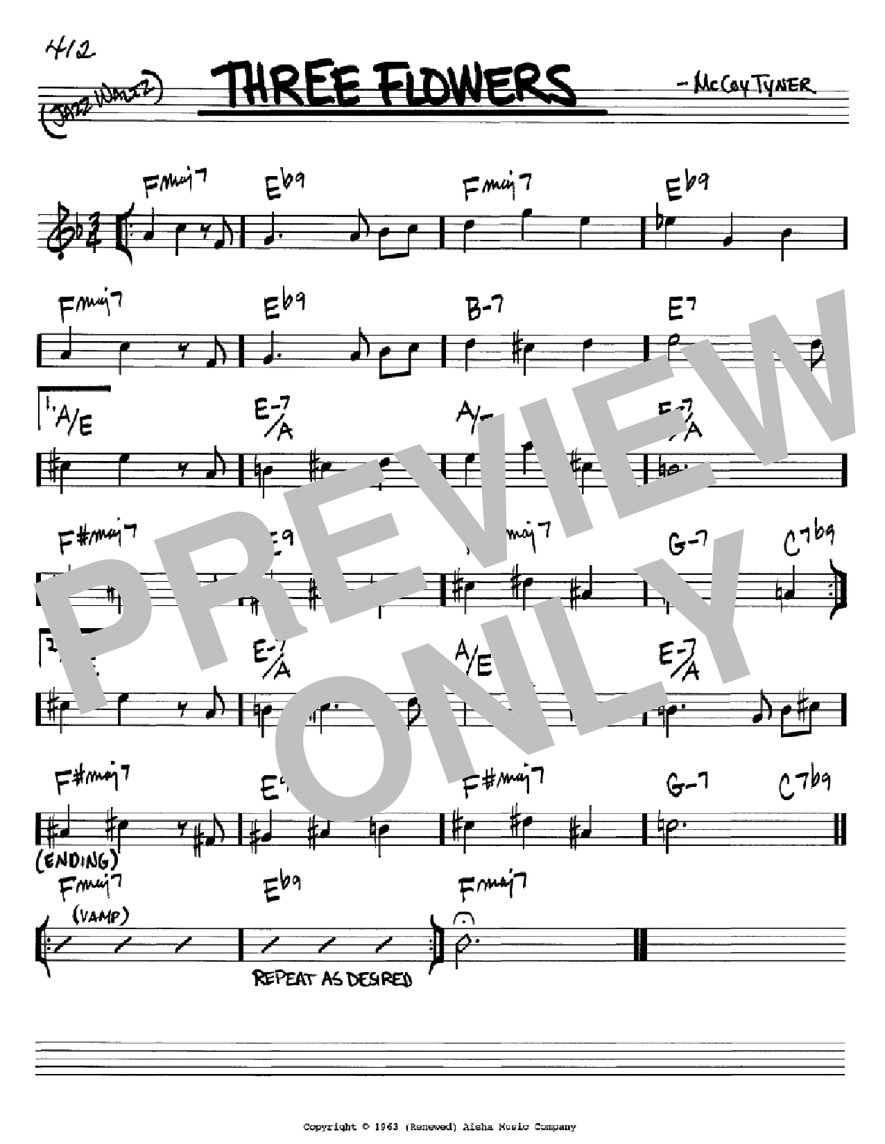 Download McCoy Tyner Three Flowers Sheet Music and learn how to play Real Book – Melody & Chords – C Instruments PDF digital score in minutes