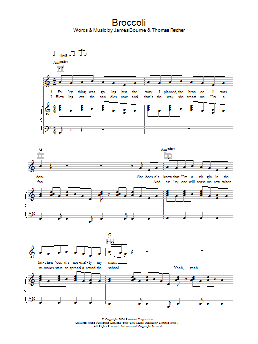 Download McFly Broccoli Sheet Music and learn how to play Piano, Vocal & Guitar (Right-Hand Melody) PDF digital score in minutes