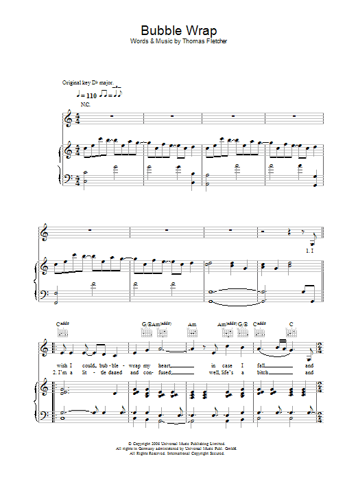 Download McFly Bubble Wrap Sheet Music and learn how to play Piano, Vocal & Guitar PDF digital score in minutes