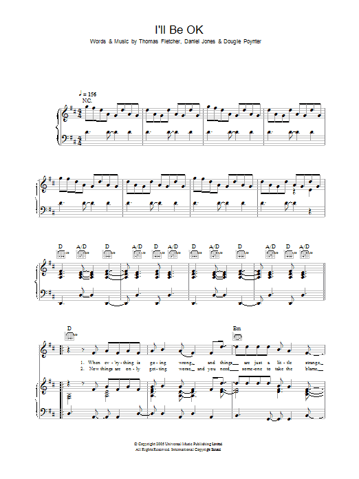 Download McFly I'll Be OK Sheet Music and learn how to play Piano, Vocal & Guitar (Right-Hand Melody) PDF digital score in minutes