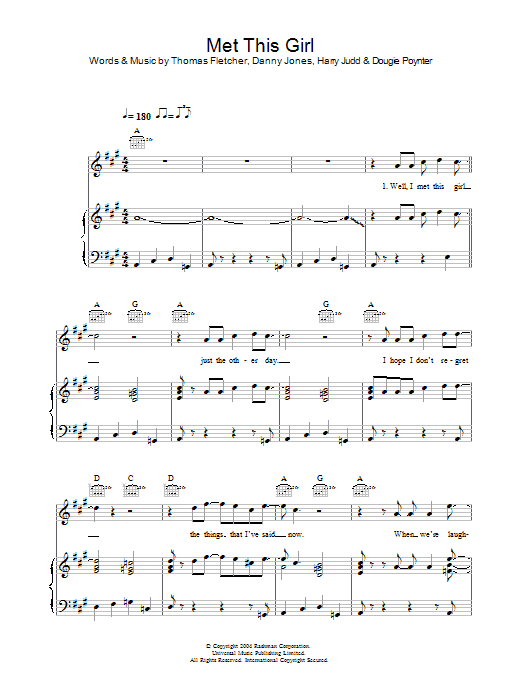 Download McFly Met This Girl Sheet Music and learn how to play Piano, Vocal & Guitar (Right-Hand Melody) PDF digital score in minutes