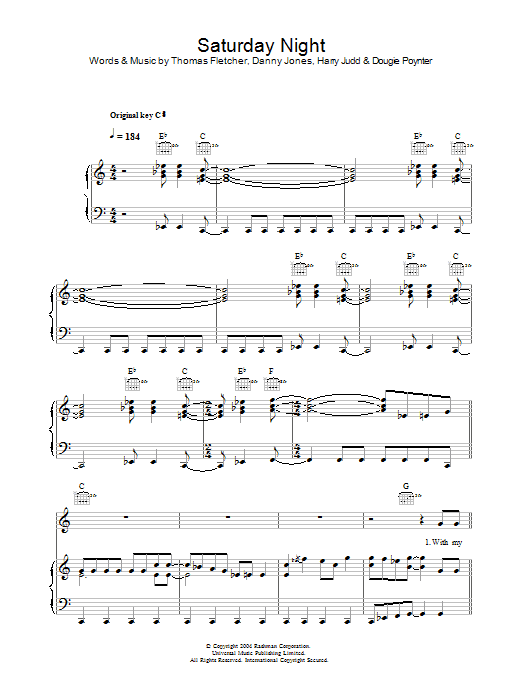 Download McFly Saturday Night Sheet Music and learn how to play Piano, Vocal & Guitar (Right-Hand Melody) PDF digital score in minutes