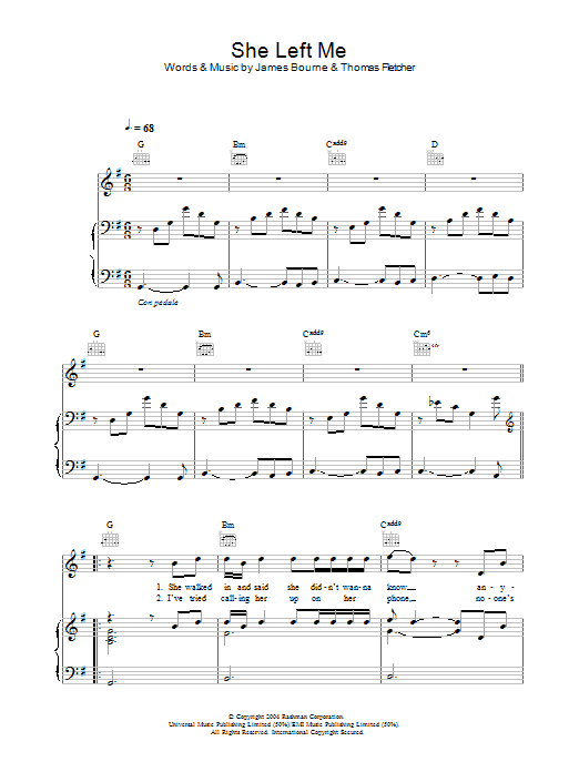 Download McFly She Left Me Sheet Music and learn how to play Piano, Vocal & Guitar (Right-Hand Melody) PDF digital score in minutes