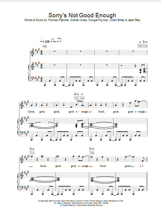 Download McFly Sorry's Not Good Enough Sheet Music and learn how to play Piano, Vocal & Guitar PDF digital score in minutes