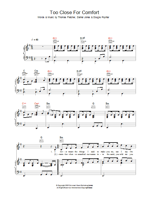 Download McFly Too Close For Comfort Sheet Music and learn how to play Piano, Vocal & Guitar (Right-Hand Melody) PDF digital score in minutes