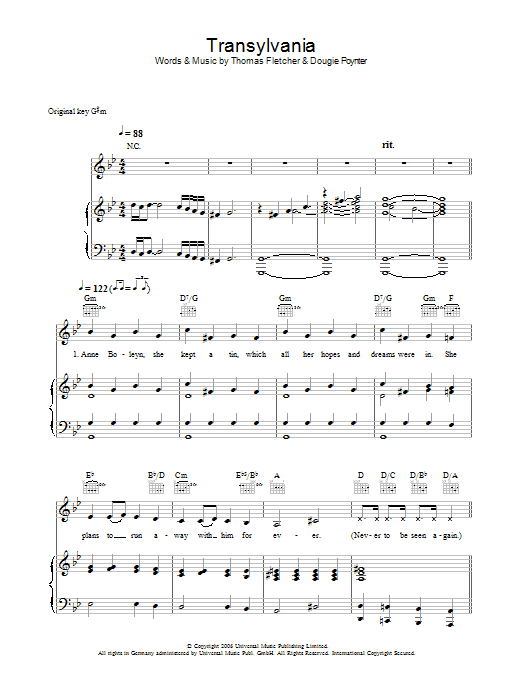 Download McFly Transylvania Sheet Music and learn how to play Piano, Vocal & Guitar PDF digital score in minutes