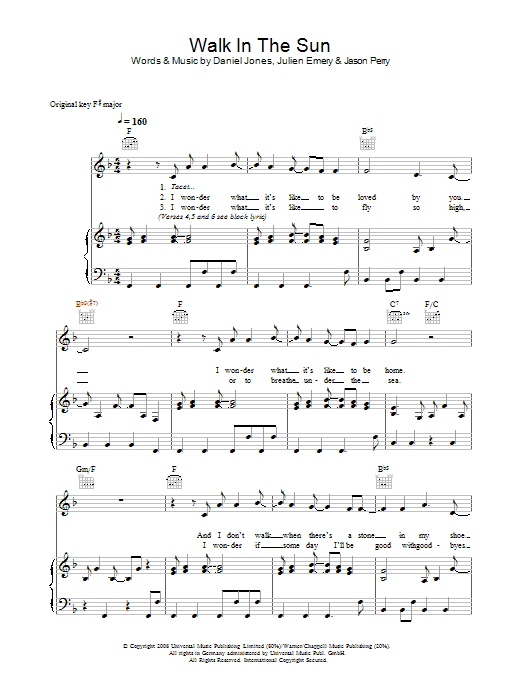 Download McFly Walk In The Sun Sheet Music and learn how to play Piano, Vocal & Guitar PDF digital score in minutes