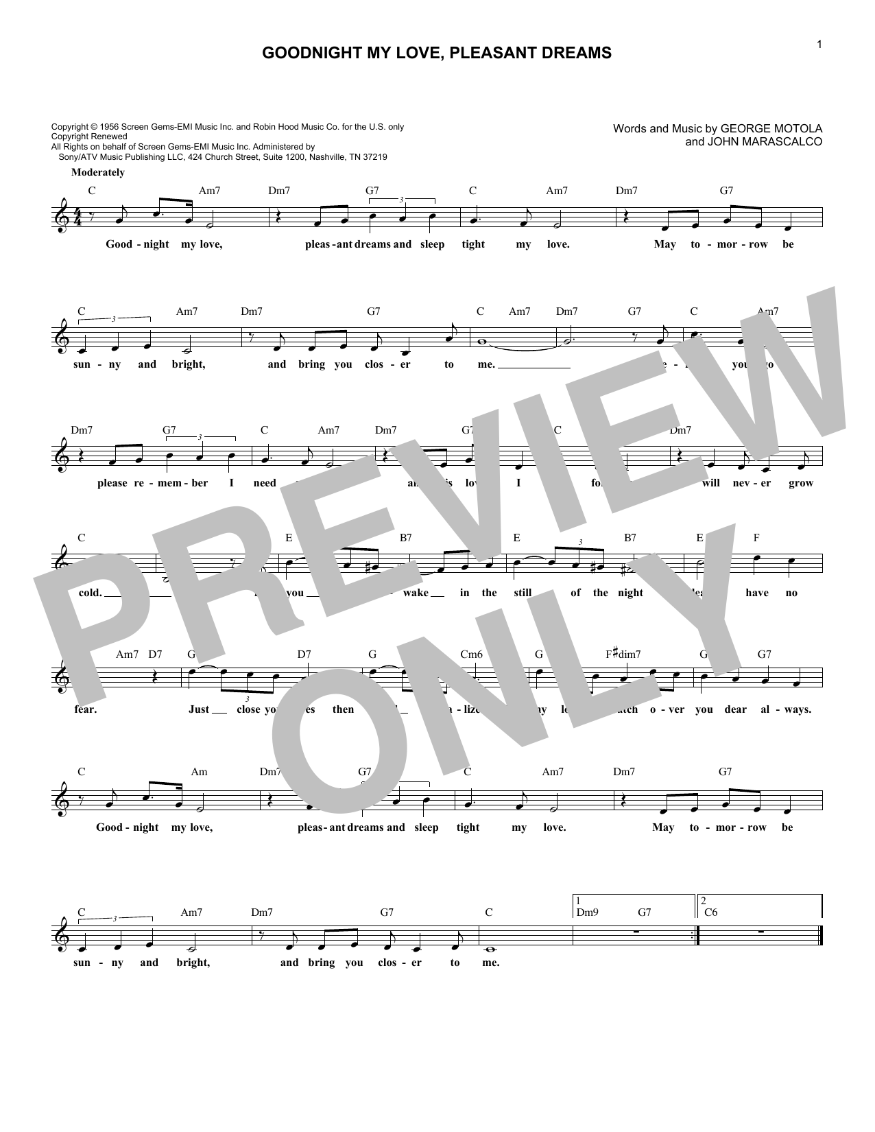 Download The McGuire Sisters Goodnight My Love, Pleasant Dreams Sheet Music and learn how to play Melody Line, Lyrics & Chords PDF digital score in minutes