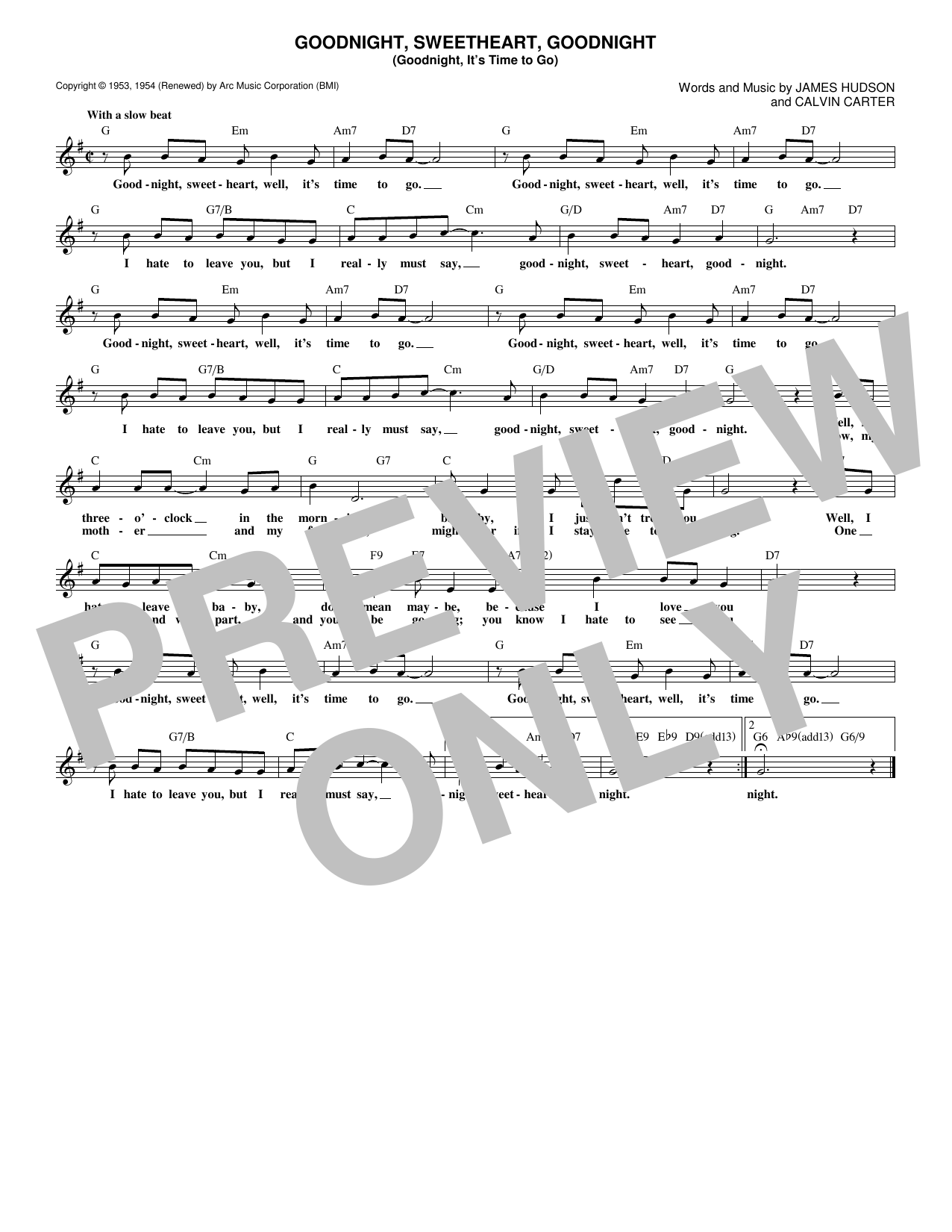 Download McGuire Sisters Goodnight, Sweetheart, Goodnight (Goodnight, It's Time To Go) Sheet Music and learn how to play Melody Line, Lyrics & Chords PDF digital score in minutes