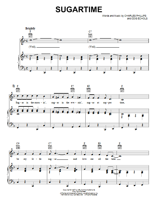 Download The McGuire Sisters Sugartime Sheet Music and learn how to play Piano, Vocal & Guitar (Right-Hand Melody) PDF digital score in minutes
