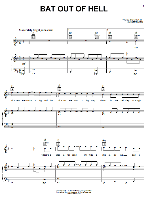 Download Meat Loaf Bat Out Of Hell Sheet Music and learn how to play Piano, Vocal & Guitar (Right-Hand Melody) PDF digital score in minutes