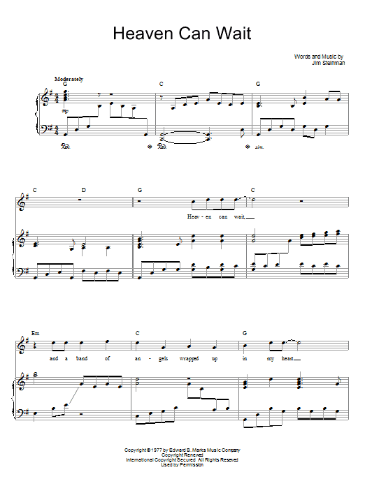 Download Meat Loaf Heaven Can Wait Sheet Music and learn how to play Lyrics & Chords PDF digital score in minutes