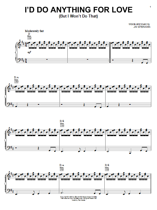 Download Meat Loaf I'd Do Anything For Love (But I Won't Do That) Sheet Music and learn how to play Beginner Piano PDF digital score in minutes