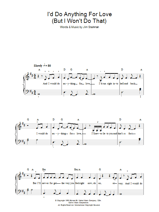 Download Meat Loaf I'd Do Anything For Love (But I Won't Do That) Sheet Music and learn how to play Beginner Piano PDF digital score in minutes