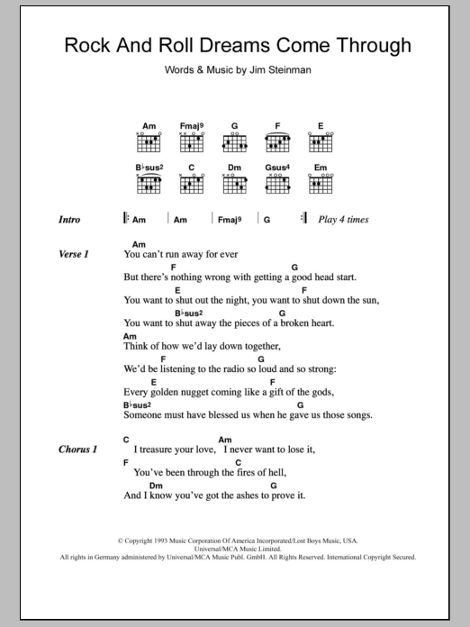Download Meat Loaf Rock And Roll Dreams Come Through Sheet Music and learn how to play Lyrics & Chords PDF digital score in minutes