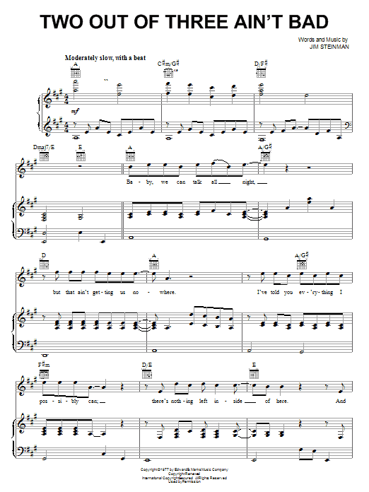Download Meat Loaf Two Out Of Three Ain't Bad Sheet Music and learn how to play Lyrics & Chords PDF digital score in minutes