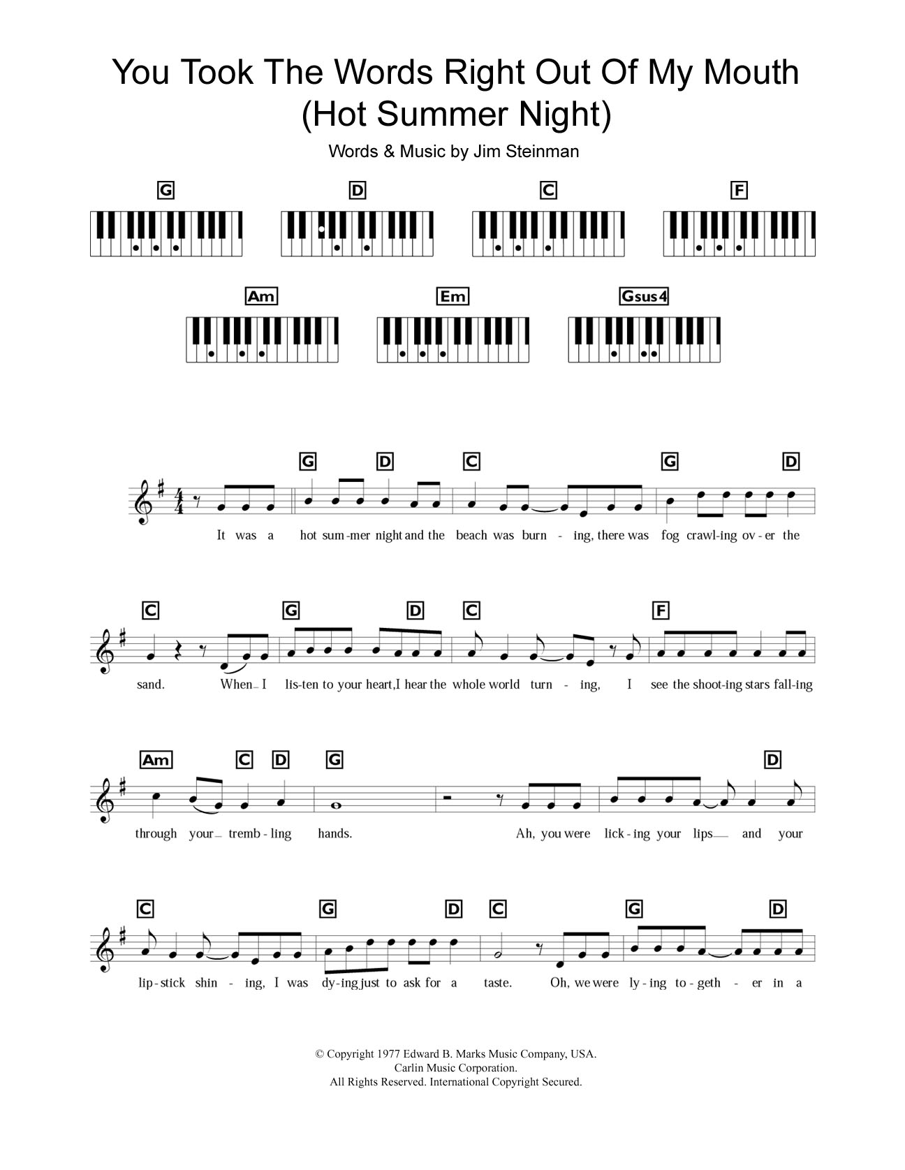 Download Meat Loaf You Took The Words Right Out Of My Mouth (Hot Summer Night) Sheet Music and learn how to play Keyboard PDF digital score in minutes