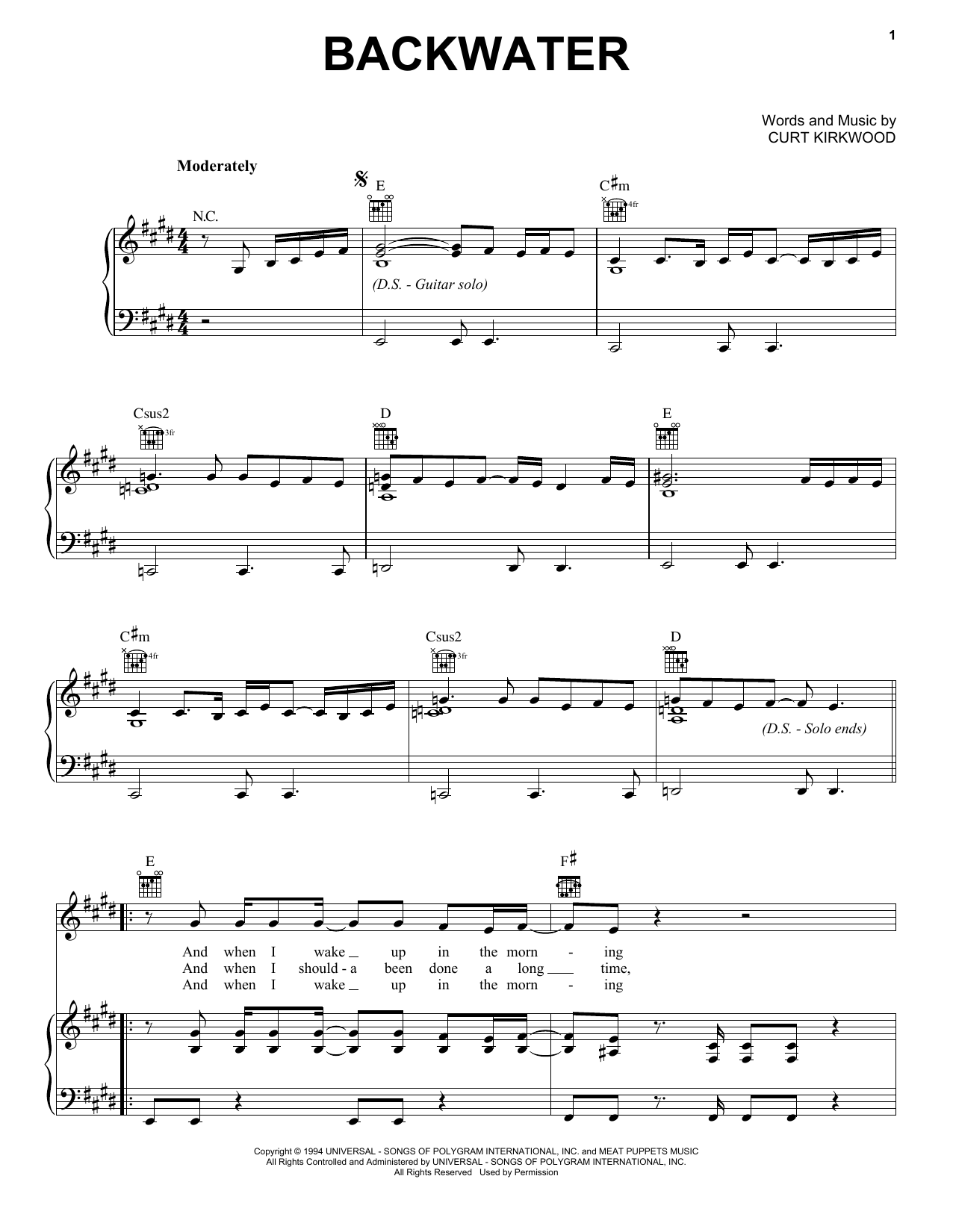 Download Meat Puppets Backwater Sheet Music and learn how to play Piano, Vocal & Guitar Chords (Right-Hand Melody) PDF digital score in minutes