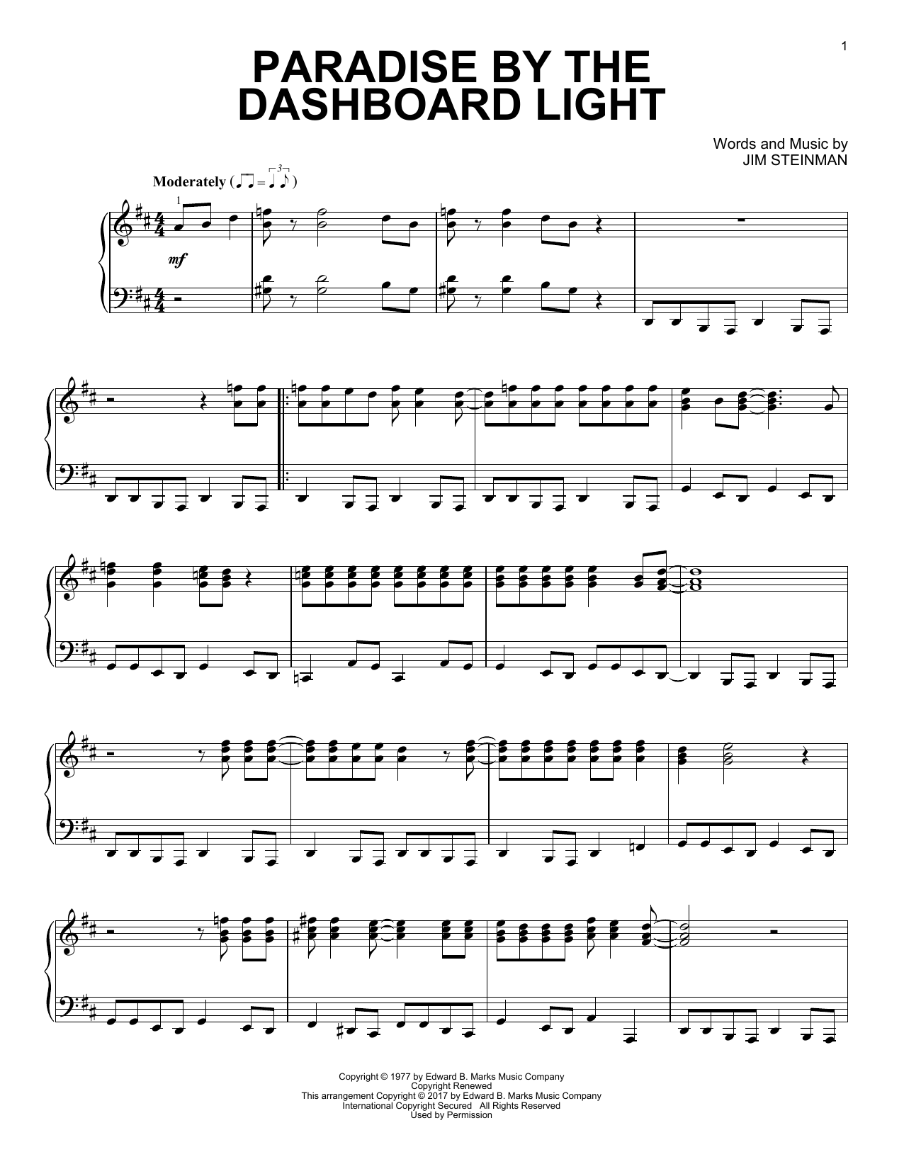 Meatloaf 'Paradise By The Dashboard Light' Sheet Music Notes, Cho...