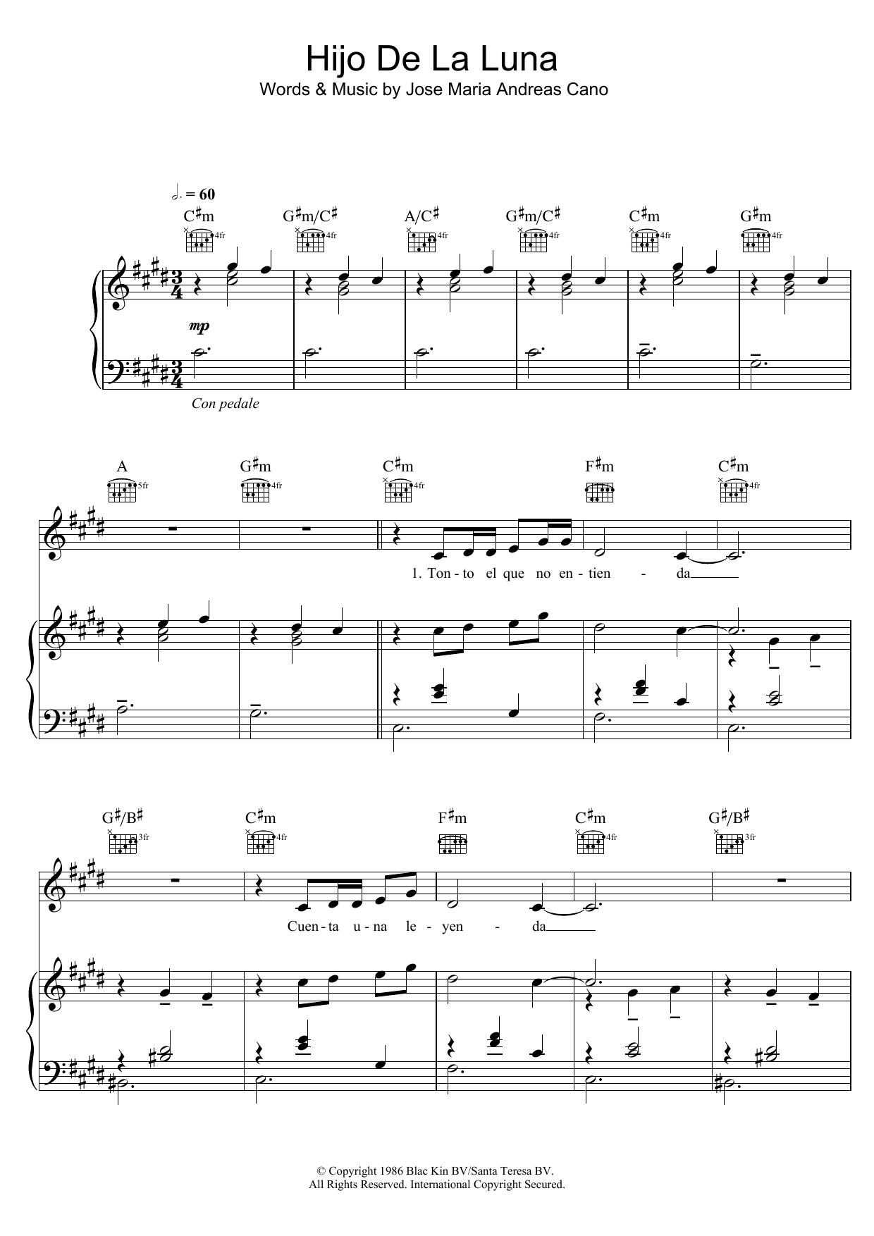 Download Mecano Hijo De La Luna Sheet Music and learn how to play Piano, Vocal & Guitar (Right-Hand Melody) PDF digital score in minutes