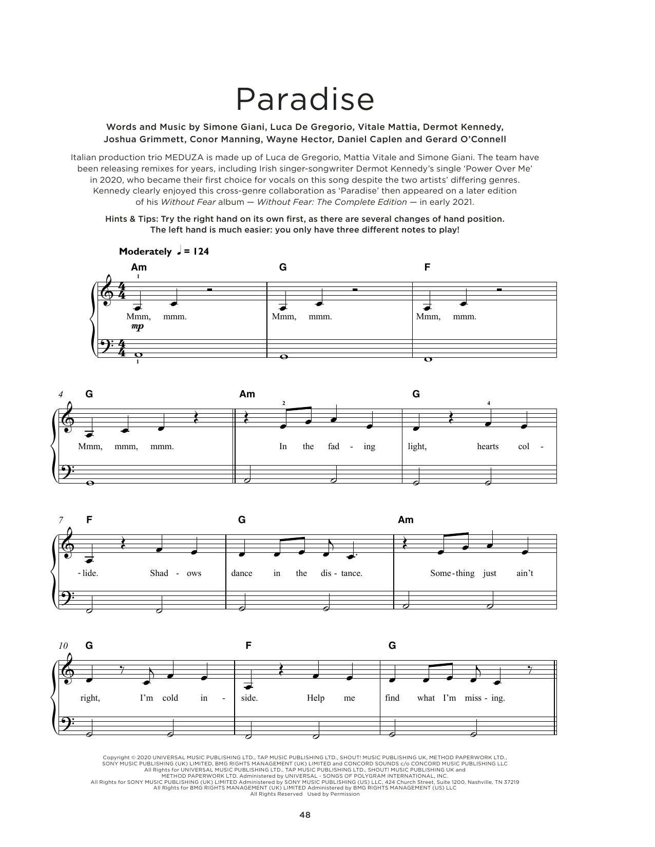 Download MEDUZA Paradise (feat. Dermot Kennedy) Sheet Music and learn how to play Really Easy Piano PDF digital score in minutes
