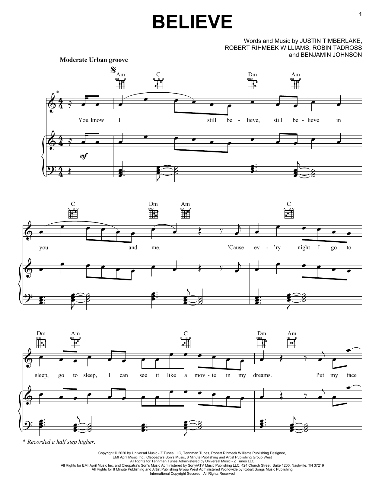 Download Meek Mill Believe (feat. Justin Timberlake) Sheet Music and learn how to play Piano, Vocal & Guitar Chords (Right-Hand Melody) PDF digital score in minutes