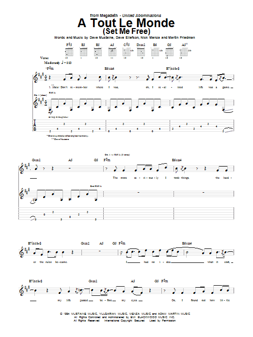 Download Megadeth A Tout Le Monde (A Tout Le Monde (Set Me Free)) Sheet Music and learn how to play Bass Guitar Tab PDF digital score in minutes